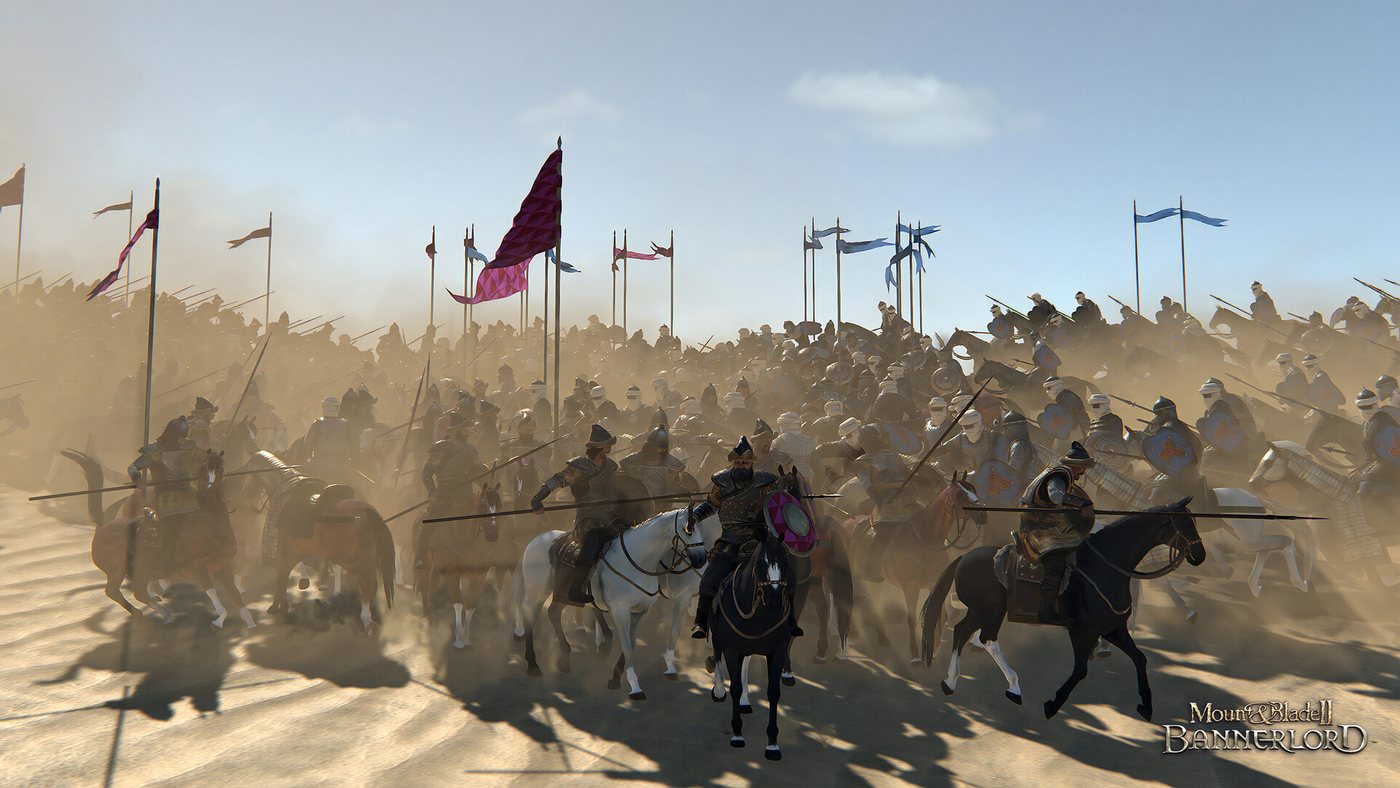 Mount and Blade II Bannerlord oyununda bayraklı süvari birliklerinin toz bulutu içinde hücuma kalktığı sahne