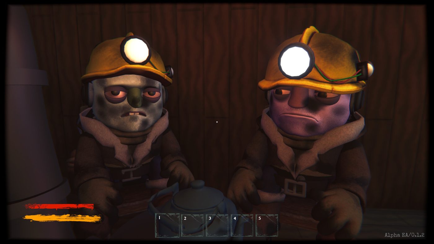 Coal Duty oyununda kasklı ve fenerli iki madencinin karanlık bir maden ocağında yan yana durduğu sahne