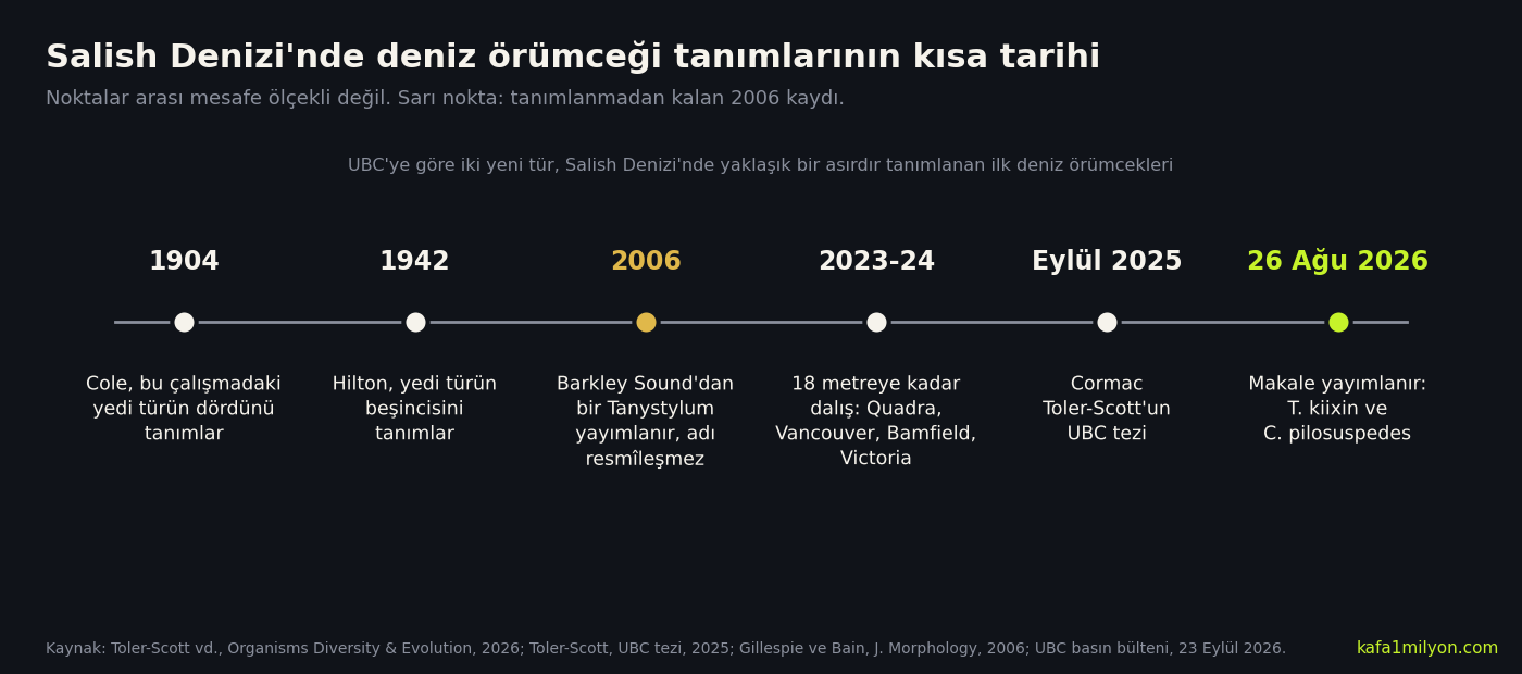 Zaman çizelgesi: 1904'te Cole yedi türün dördünü tanımlıyor, 1942'de Hilton beşincisini; 2006'da Barkley Sound'dan bir Tanystylum adı resmîleşmeden yayımlanıyor; 2023-24 dalışları, Eylül 2025 UBC tezi ve 26 Ağustos 2026'da iki yeni türün yayımlanması