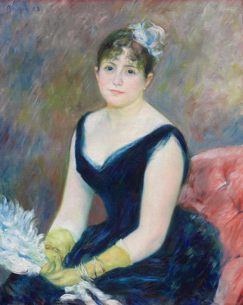 Renoir'ın Madame Léon Clapisson portresi: koyu elbiseli kadın, arka planda soluk mor, mavi ve pembe lekeler