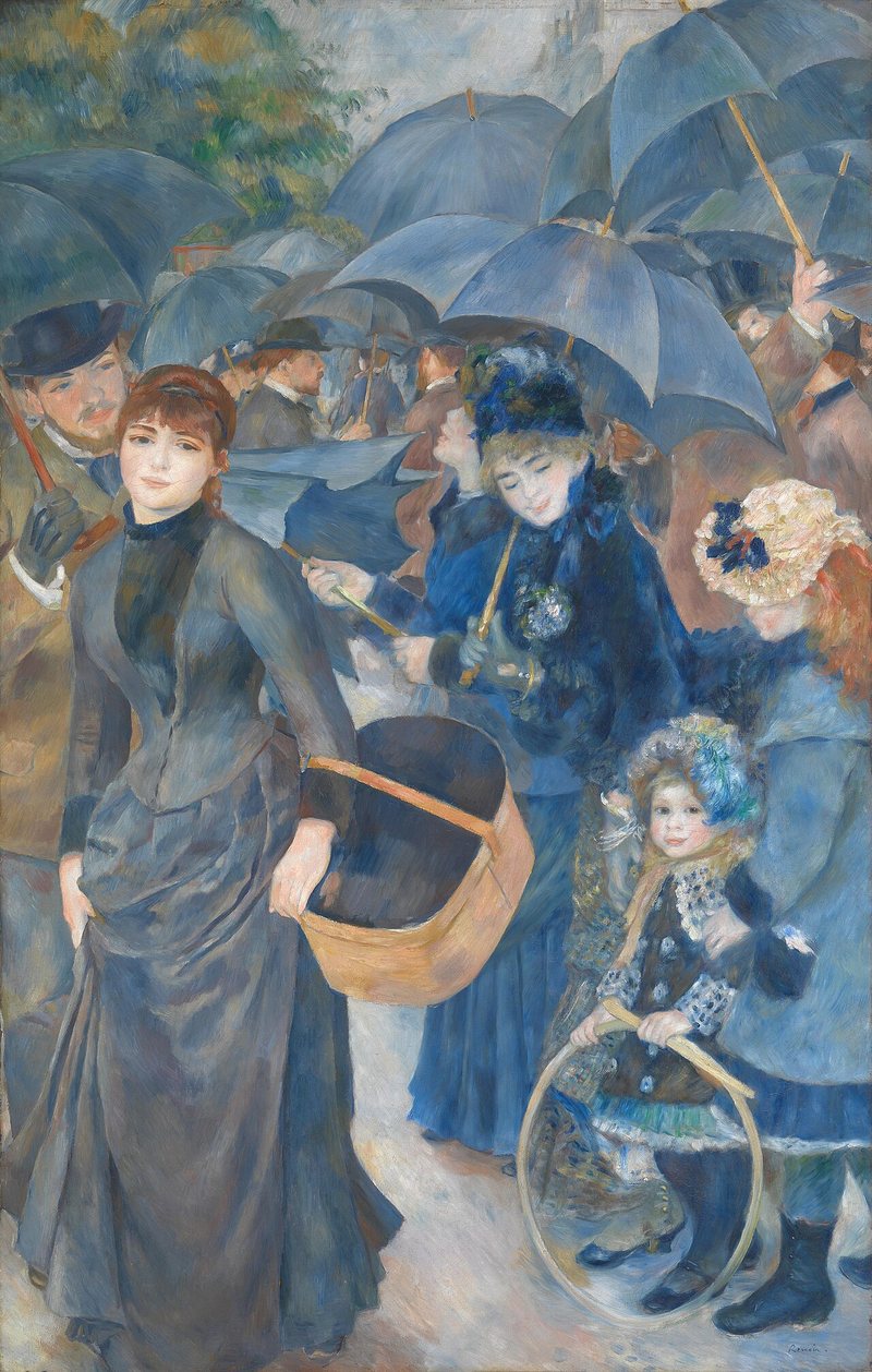 Renoir'ın Şemsiyeler tablosu: yağmurlu bir Paris sokağında açık gri-mavi şemsiyeler altında kalabalık; solda sepet taşıyan şapkasız genç kadın, sağda bir anne ve iki kız çocuğu