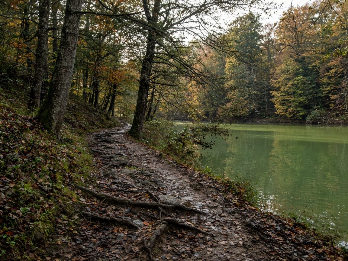 Göl kenarı orman patikası, temsili