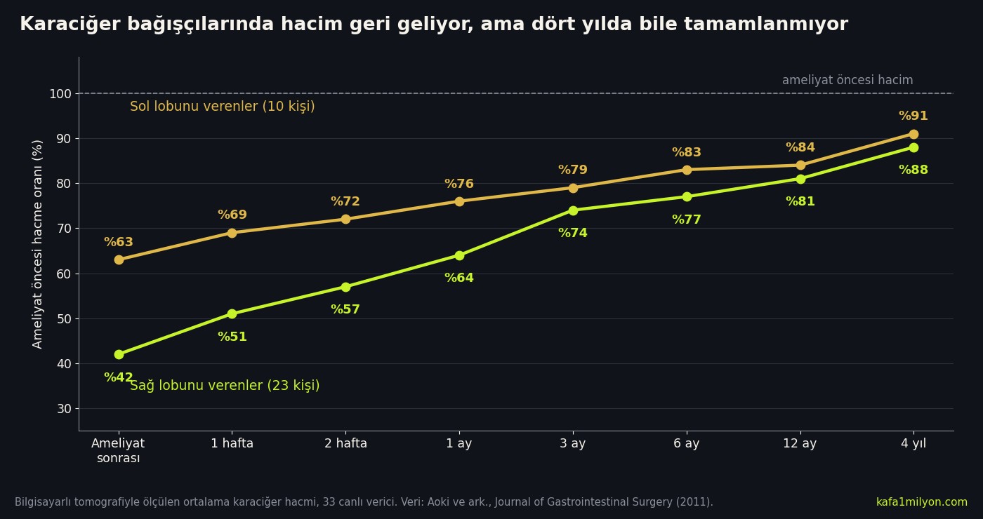 Çizgi grafik: sağ lobunu veren bağışçılarda karaciğer hacmi ameliyat sonrası yüzde 42'den dört yılda yüzde 88'e, sol lobunu verenlerde yüzde 63'ten yüzde 91'e çıkıyor; iki çizgi de yüzde 100 çizgisinin altında kalıyor
