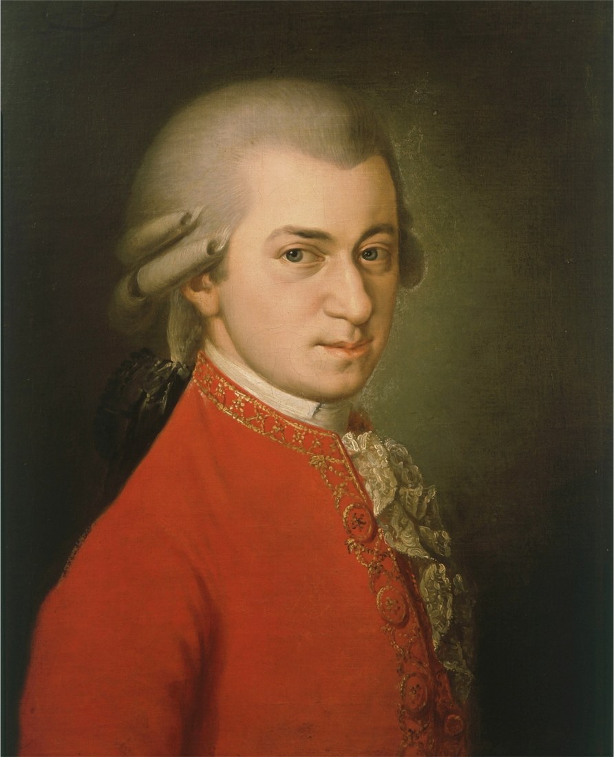 Kırmızı ceketli, pudralı peruklu Wolfgang Amadeus Mozart'ın yağlı boya portresi