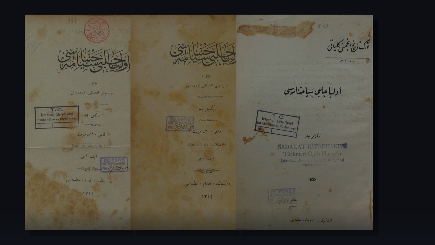 Seyahatname'nin 1896 baskısından üç cilt kapağı yan yana