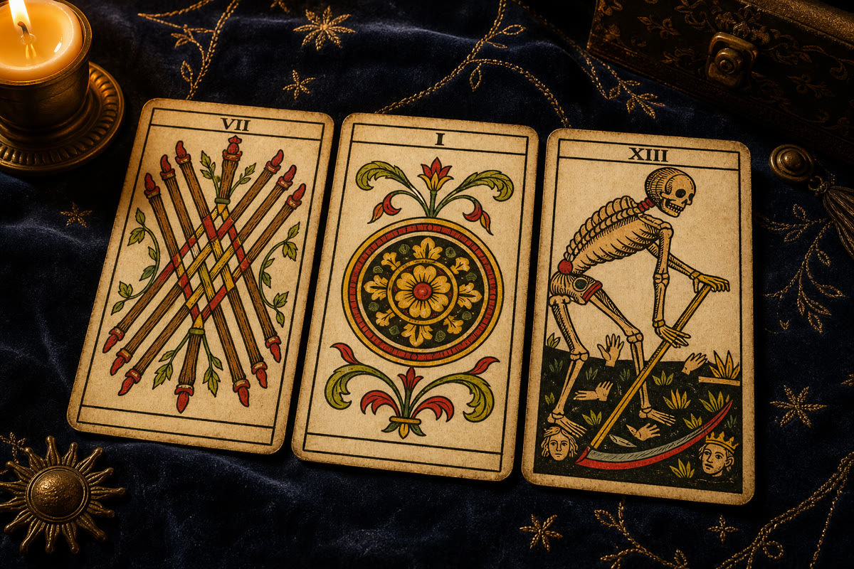 Koyu kadife örtü üzerinde üç Marsilya tarot kartı: Değnek Yedilisi, Tılsım Ası ve XIII numaralı İsimsiz Kart