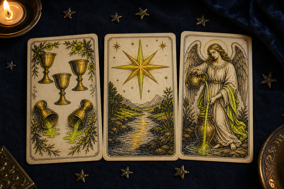 Koyu kadife örtü üzerinde üç Marsilya tarot kartı: ters Kupa Beşlisi, Yıldız ve Denge
