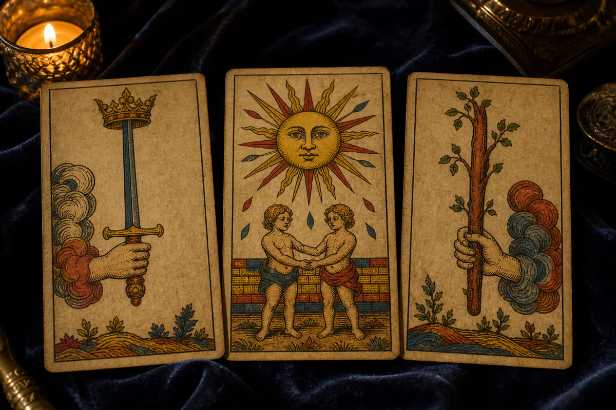 Koyu kadife örtü üzerinde üç Marsilya tarot kartı: Kılıç Ası, Güneş ve Değnek Ası