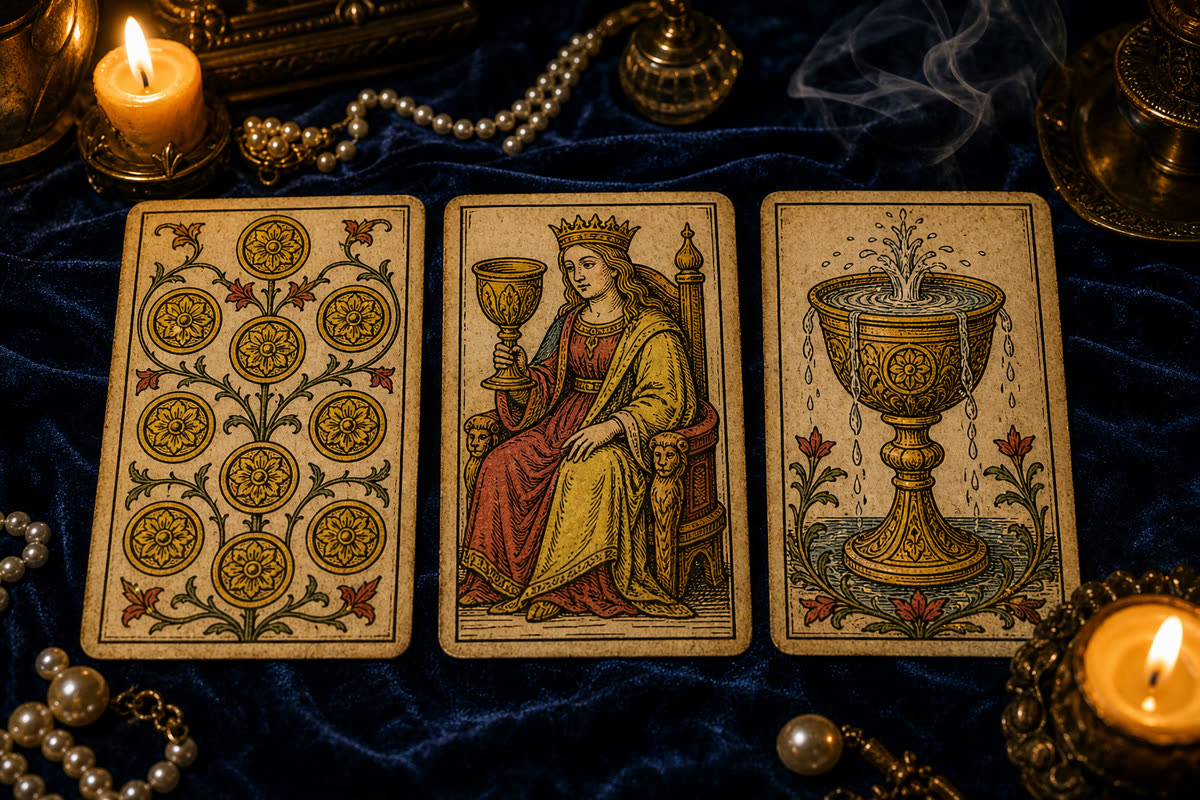 Koyu kadife örtü üzerinde üç Marsilya tarot kartı: Tılsım Onlusu, Kupa Kraliçesi ve Kupa Ası