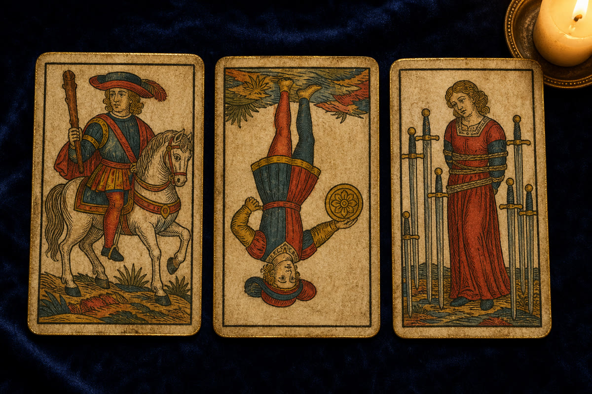 Koyu kadife örtü üzerinde üç Marsilya tarot kartı: Değnek Şövalyesi, Tılsım Uşağı, Kılıç Sekizlisi