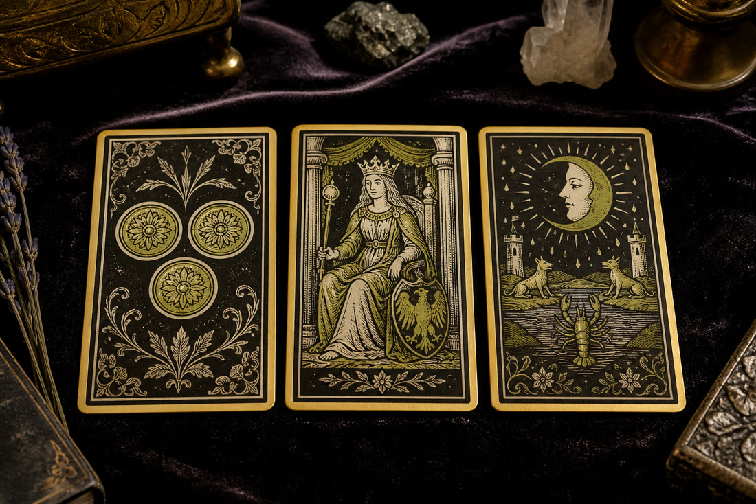 Koyu kadife örtü üzerinde üç Marsilya tarot kartı: Tılsım Üçlüsü, İmparatoriçe, Ay
