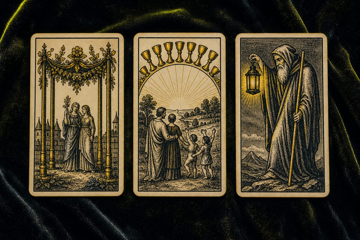 Koyu kadife örtü üzerinde üç Marsilya tarot kartı: Değnek Dörtlüsü, Kupa Onlusu, Ermiş