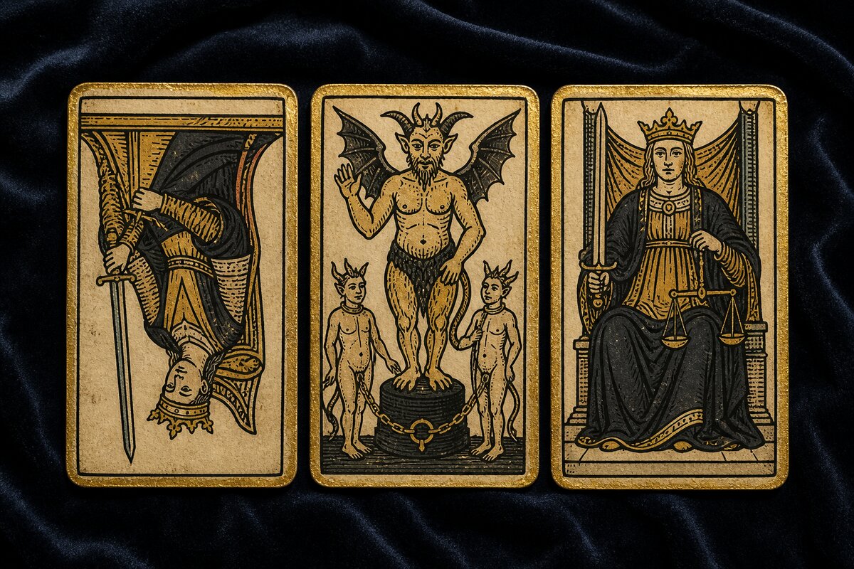 Koyu kadife örtü üzerinde üç Marsilya tarot kartı: Kılıç Kraliçesi, Şeytan, Adalet