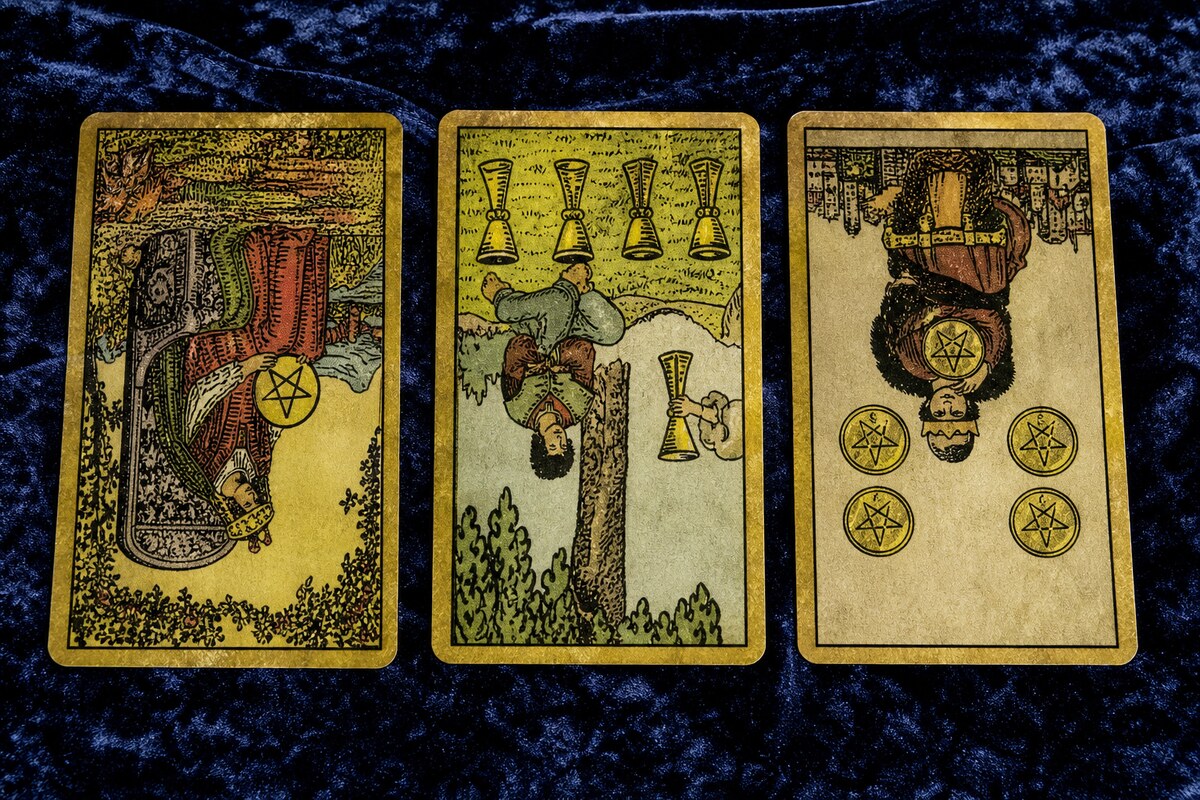 Koyu kadife örtü üzerinde üç Marsilya tarot kartı: Tılsım Kraliçesi, Kupa Dörtlüsü, Tılsım Dörtlüsü