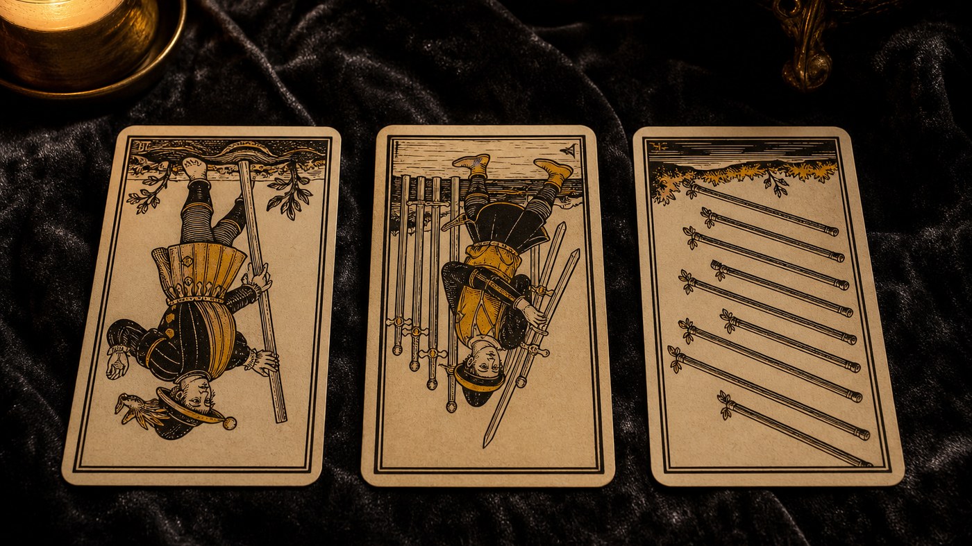Koyu kadife örtü üzerinde üç Marsilya tarot kartı: Soytarı, Kılıç Yedilisi, Değnek Sekizlisi
