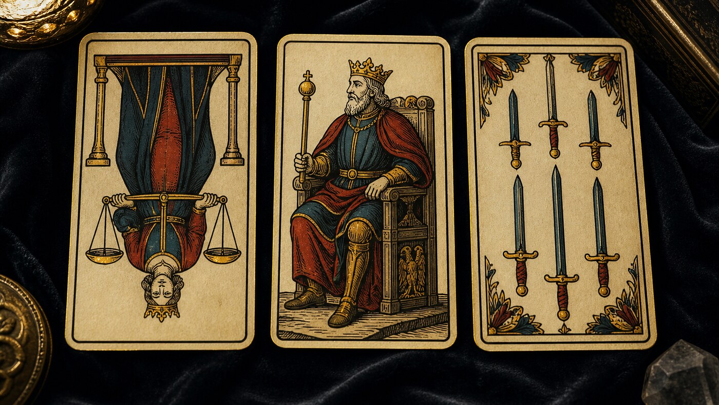 Koyu kadife örtü üzerinde üç Marsilya tarot kartı: Denge, İmparator, Kılıç Beşlisi