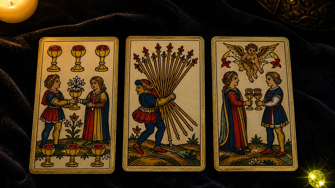 Koyu kadife örtü üzerinde üç Marsilya tarot kartı: Kupa Altılısı, Değnek Onlusu, Kupa İkilisi