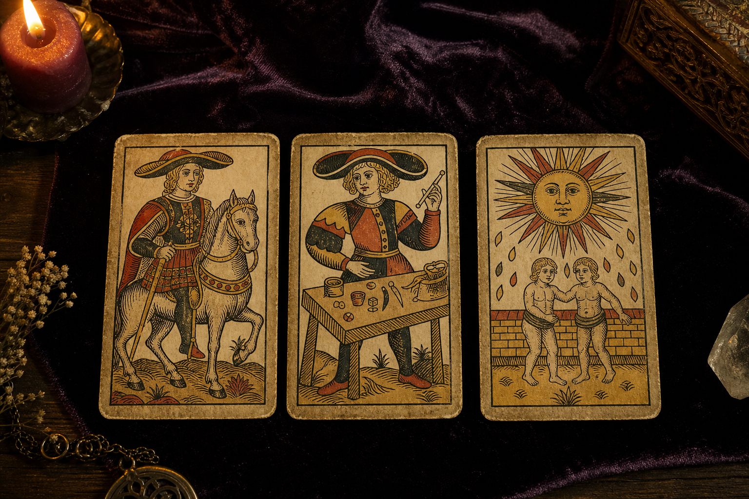 Koyu kadife örtü üzerinde üç Marsilya tarot kartı: Kılıç Üçlüsü, Kule, Yıldız