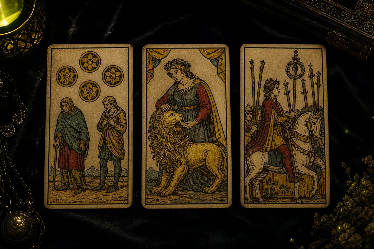 Koyu kadife örtü üzerinde üç Marsilya tarot kartı: Tılsım Beşlisi, Güç, Değnek Altılısı