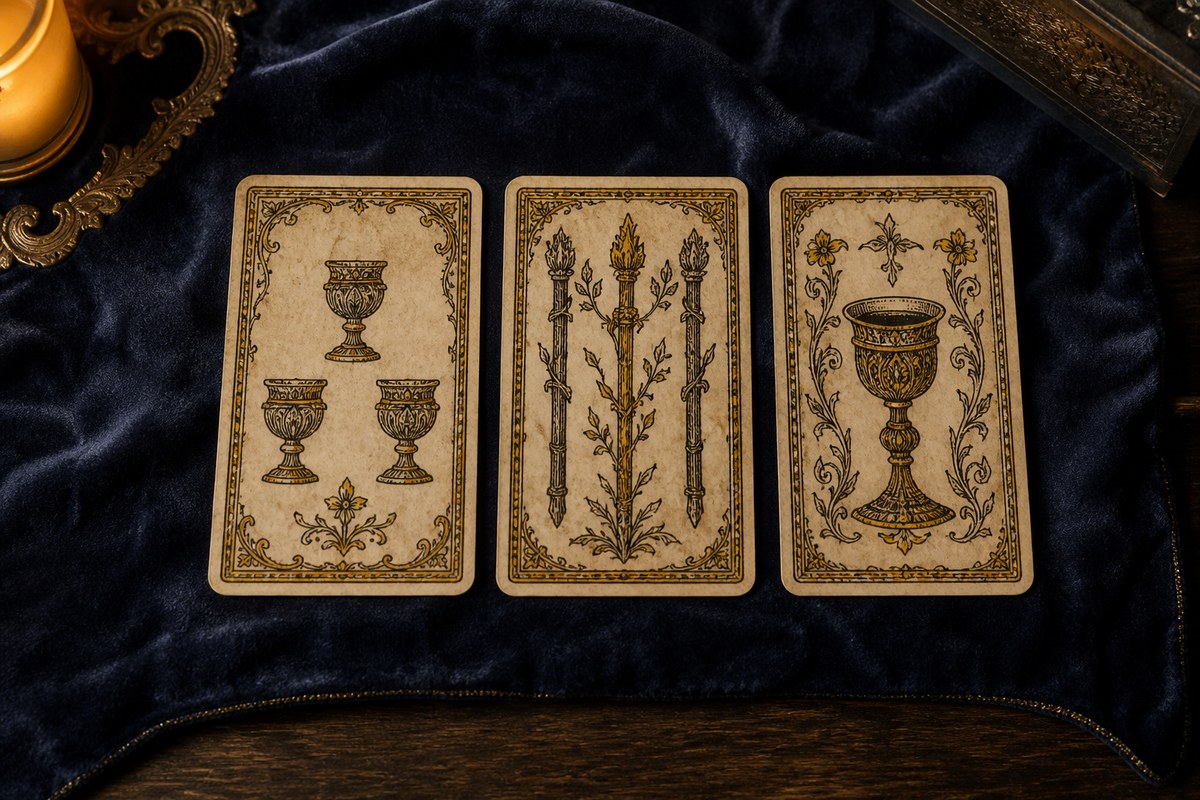 Koyu kadife örtü üzerinde üç Marsilya tarot kartı: Kupa Sekizlisi, Kupa Şövalyesi, Değnek İkilisi