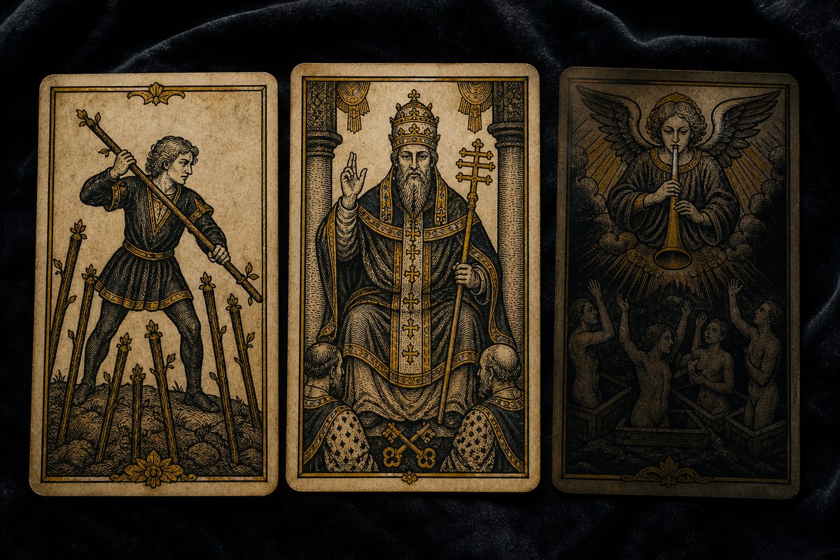 Koyu kadife örtü üzerinde üç Marsilya tarot kartı: Değnek Yedilisi, Papa, Mahkeme