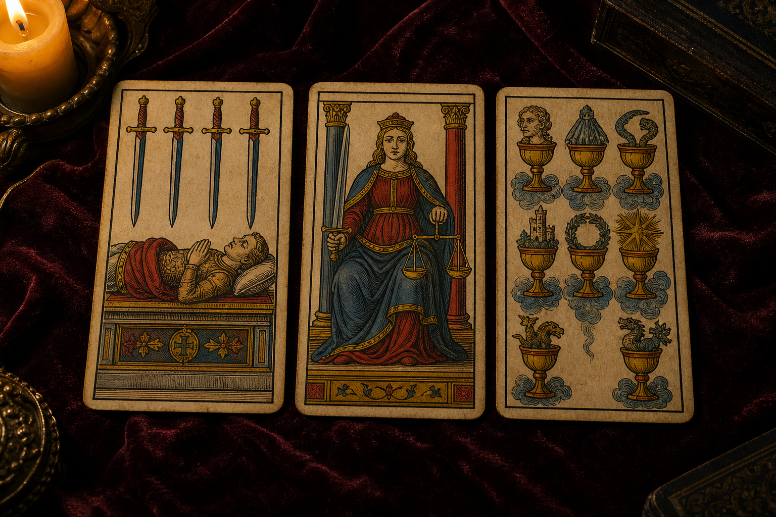 Koyu kadife örtü üzerinde üç Marsilya tarot kartı: Kılıç Dörtlüsü, Adalet, Kupa Yedilisi