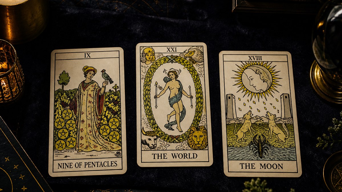 Koyu kadife örtü üzerinde üç Marsilya tarot kartı: Tılsım Dokuzlusu, Dünya, Ay
