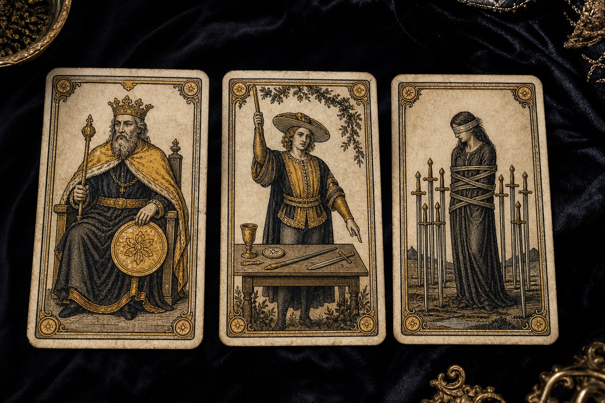 Koyu kadife örtü üzerinde üç Marsilya tarot kartı: Tılsım Kralı, Büyücü, Kılıç Sekizlisi