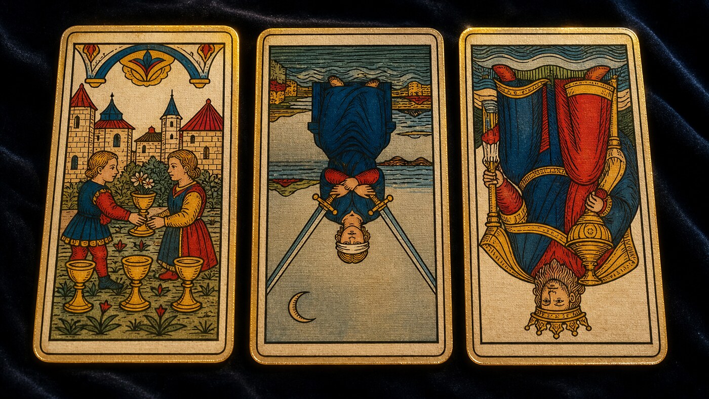 Koyu kadife örtü üzerinde üç Marsilya tarot kartı: Kupa Altılısı, Kılıç İkilisi, Kupa Kralı