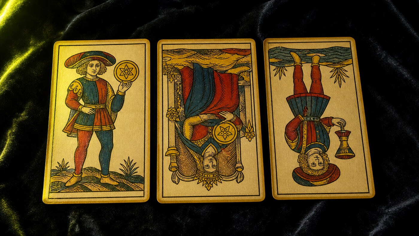 Koyu kadife örtü üzerinde üç Marsilya tarot kartı: Tılsım Uşağı, Tılsım Kraliçesi, Kupa Uşağı
