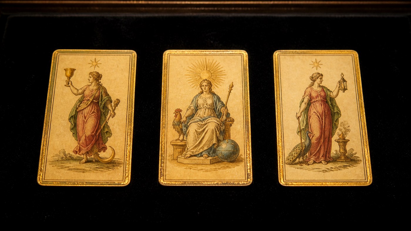Koyu kadife örtü üzerinde üç Marsilya tarot kartı: Şeytan, Tılsım Sekizlisi, Aşıklar