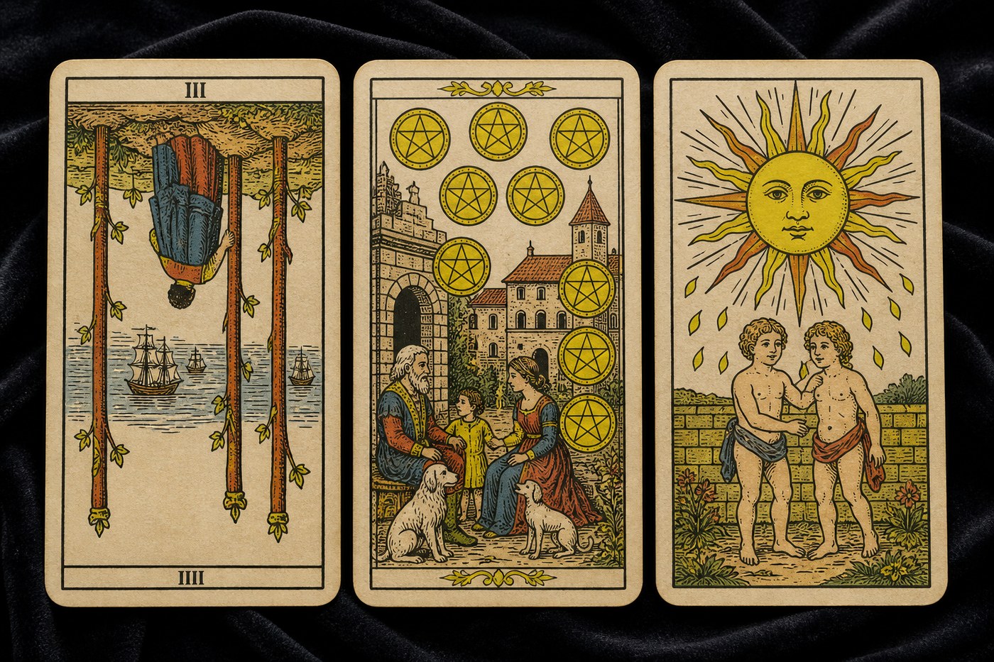 Koyu kadife örtü üzerinde üç Marsilya tarot kartı: Değnek Üçlüsü, Tılsım Onlusu, Güneş