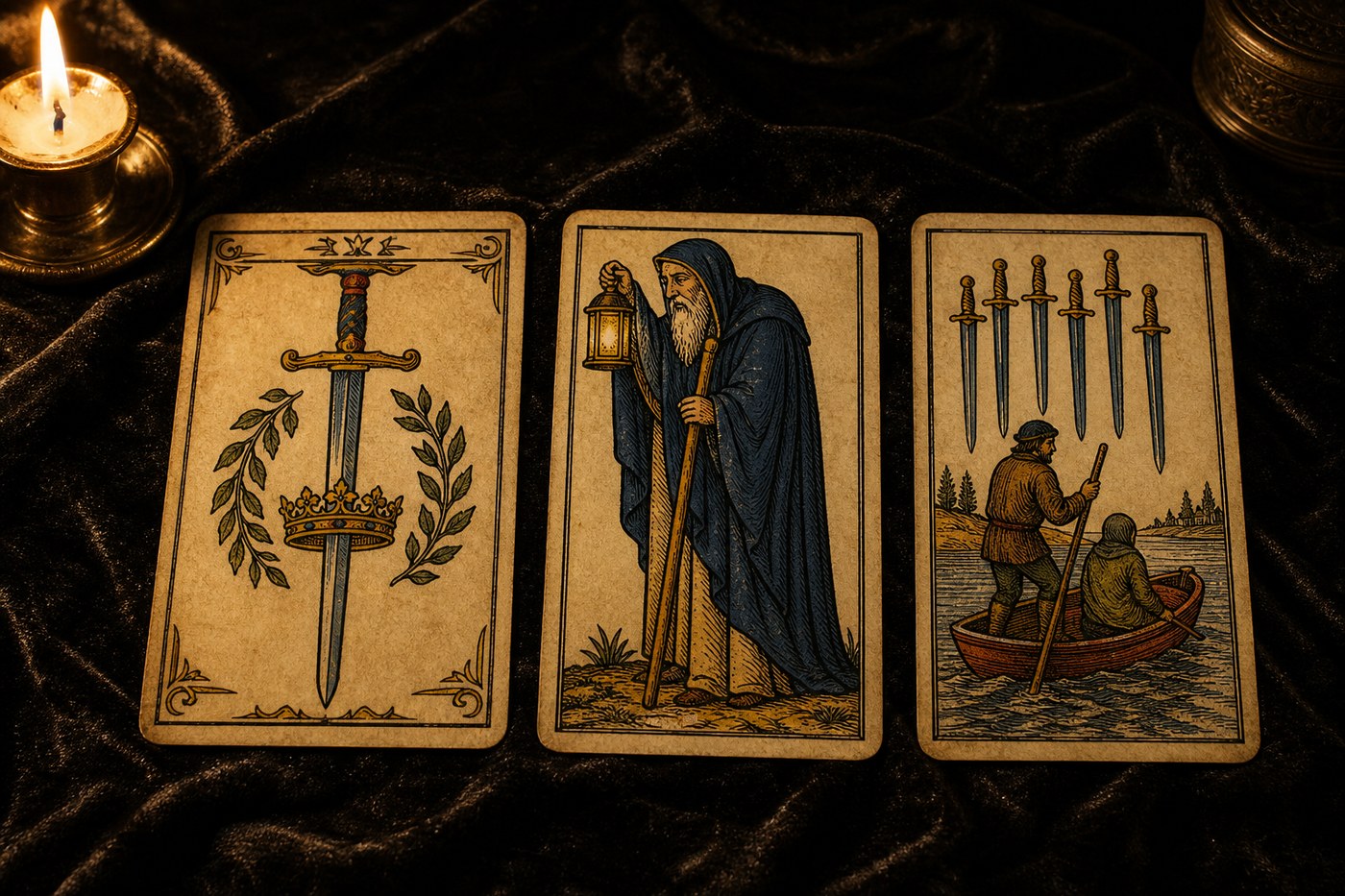 Koyu kadife örtü üzerinde üç Marsilya tarot kartı: Kılıç Ası, Ermiş, Kılıç Altılısı