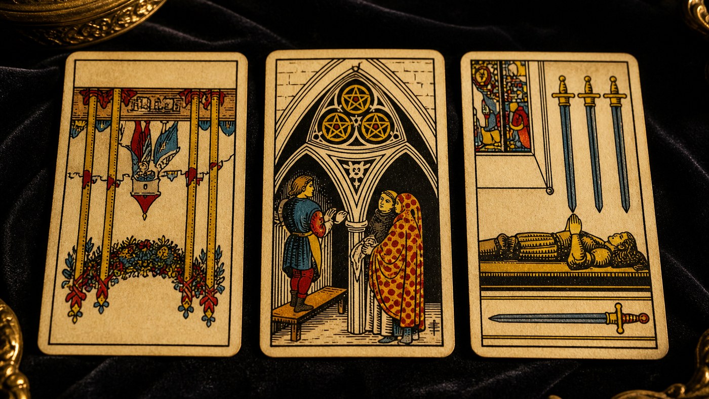 Koyu kadife örtü üzerinde üç Marsilya tarot kartı: Değnek Dörtlüsü, Tılsım Üçlüsü, Kılıç Dörtlüsü