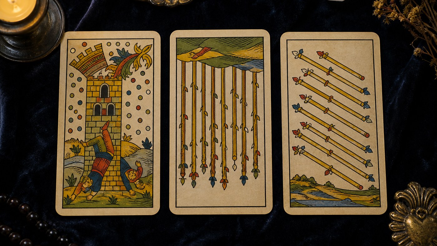 Koyu kadife örtü üzerinde üç Marsilya tarot kartı: Kule, Değnek Dokuzlusu, Değnek Sekizlisi