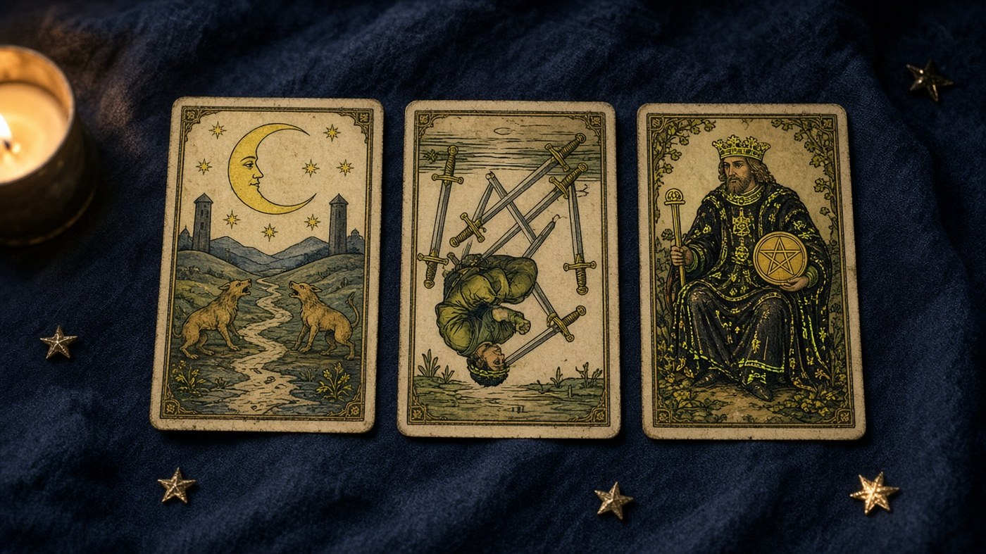 Koyu kadife örtü üzerinde üç Marsilya tarot kartı: Ay, Kılıç Beşlisi, Tılsım Kralı