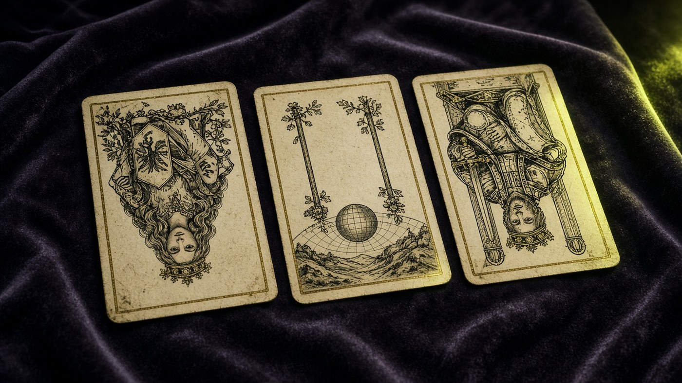 Koyu kadife örtü üzerinde üç Marsilya tarot kartı: İmparatoriçe, Değnek İkilisi, Kılıç Kralı