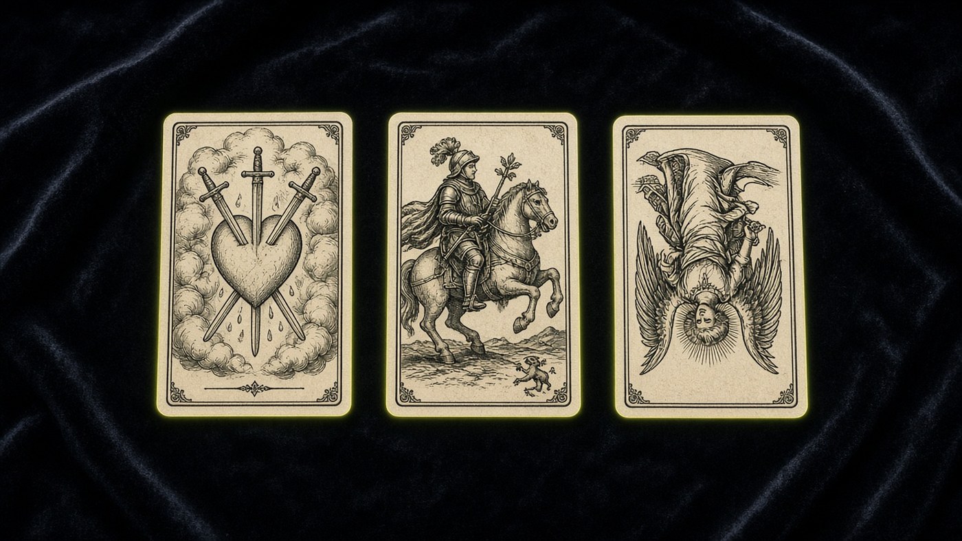 Koyu kadife örtü üzerinde üç Marsilya tarot kartı: Kılıç Üçlüsü, Değnek Şövalyesi, Denge