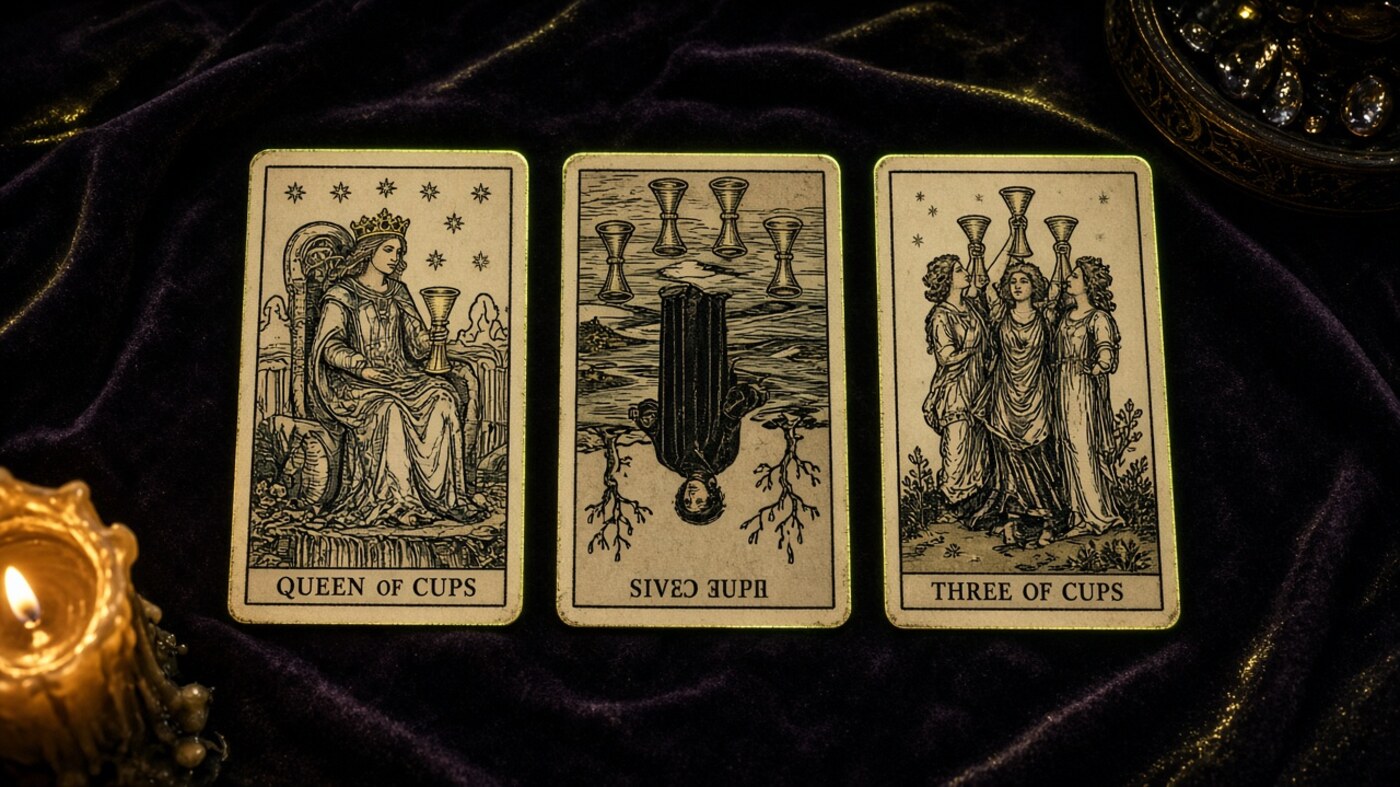 Koyu kadife örtü üzerinde üç Marsilya tarot kartı: Kupa Kraliçesi, Kupa Beşlisi, Kupa Üçlüsü