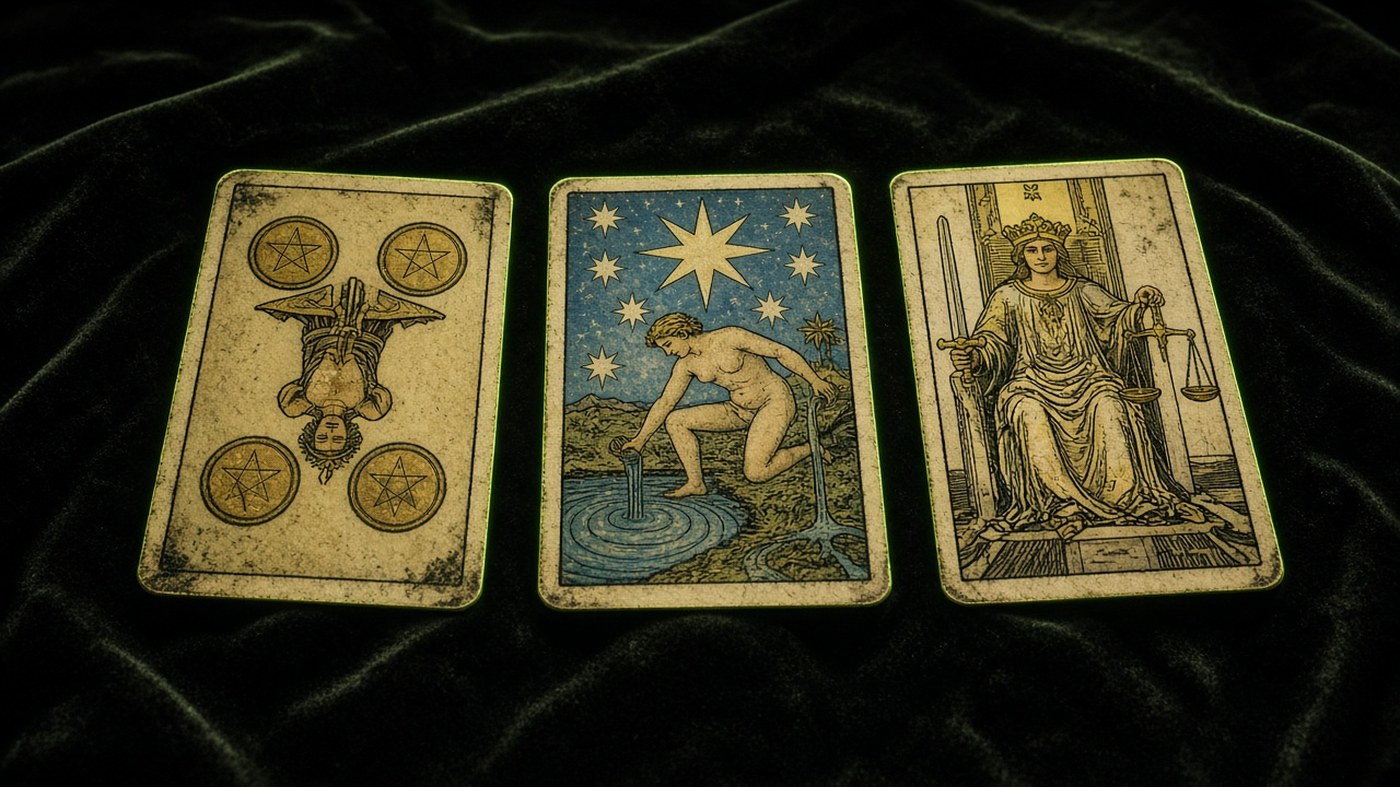 Koyu kadife örtü üzerinde üç Marsilya tarot kartı: Tılsım Dörtlüsü, Yıldız, Adalet