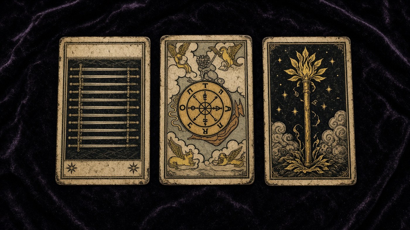 Koyu kadife örtü üzerinde üç Marsilya tarot kartı: Kılıç Dokuzlusu, Çarkıfelek, Değnek Ası