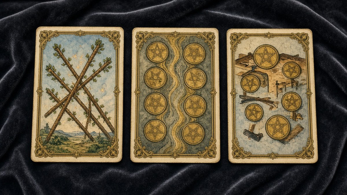 Koyu kadife örtü üzerinde üç Marsilya tarot kartı: Değnek Beşlisi, Tılsım Altılısı, Tılsım Sekizlisi