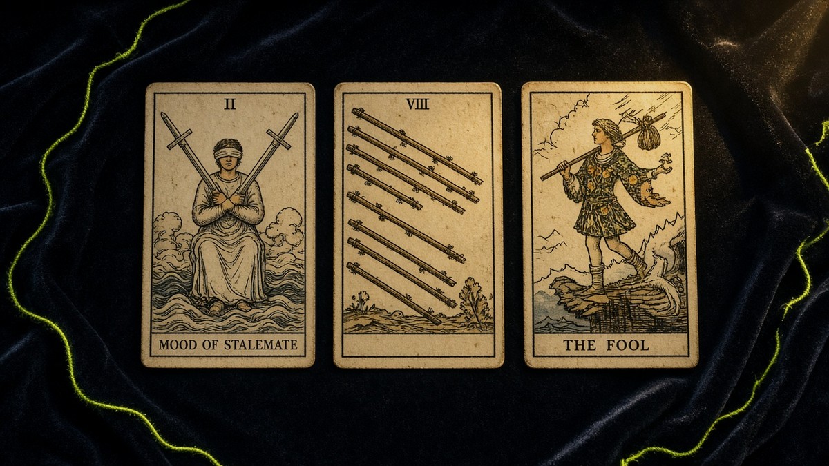 Koyu kadife örtü üzerinde üç Marsilya tarot kartı: Kılıç İkilisi, Değnek Sekizlisi, Soytarı