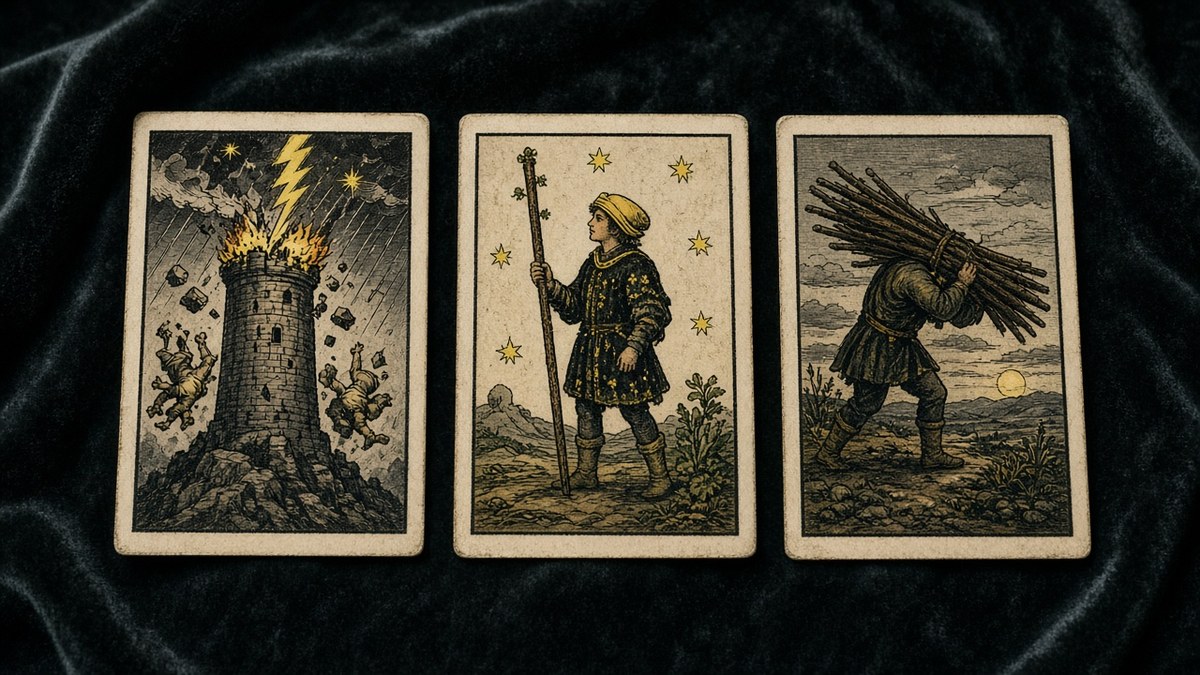 Koyu kadife örtü üzerinde üç Marsilya tarot kartı: Kule, Değnek Uşağı, Değnek Onlusu