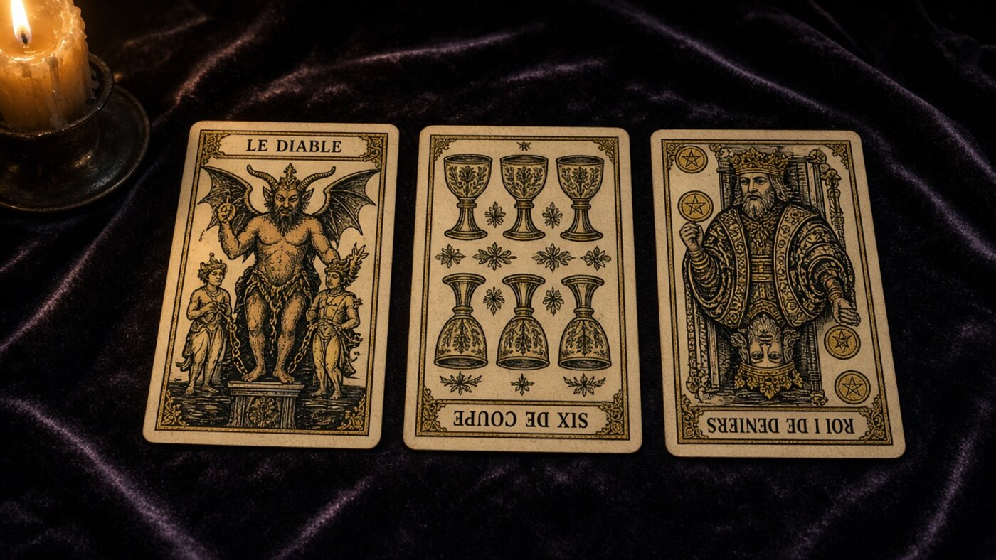 Koyu kadife örtü üzerinde üç Marsilya tarot kartı: Şeytan, Kupa Altılısı, Tılsım Kralı