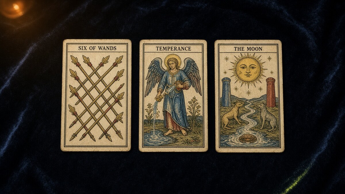 Koyu kadife örtü üzerinde üç Marsilya tarot kartı: Denge, Değnek Altılısı, Ay