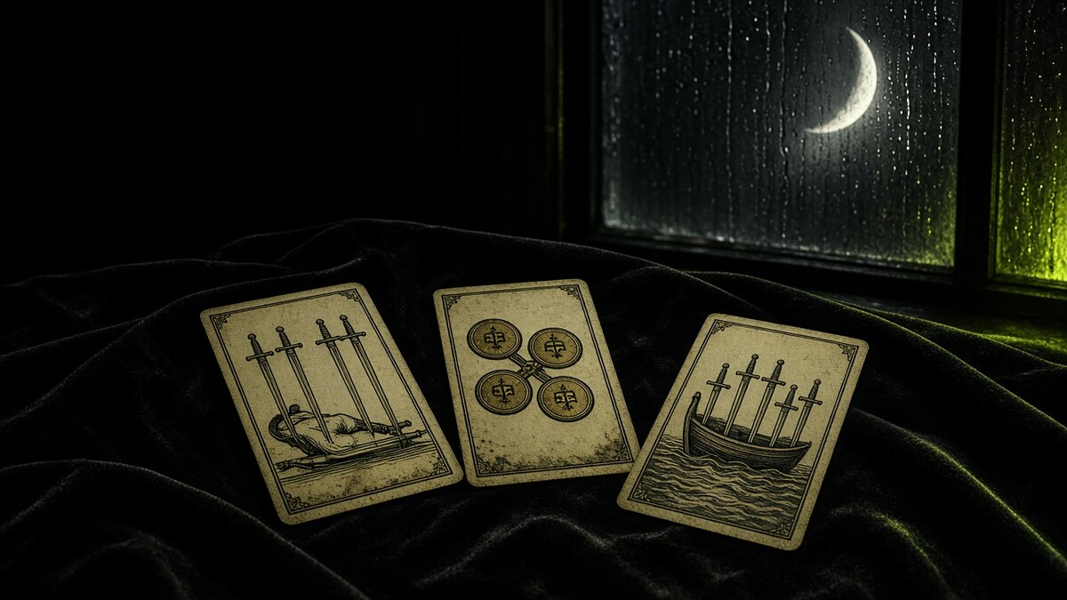 Koyu kadife örtü üzerinde üç Marsilya tarot kartı: Kılıç Dörtlüsü, Tılsım Dörtlüsü, Kılıç Altılısı