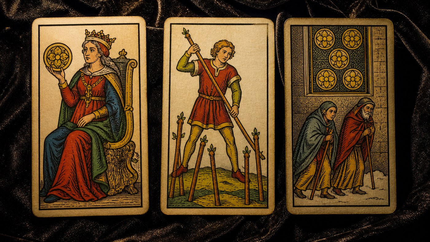 Koyu kadife örtü üzerinde üç Marsilya tarot kartı: Tılsım Kraliçesi, Değnek Yedilisi, Tılsım Beşlisi