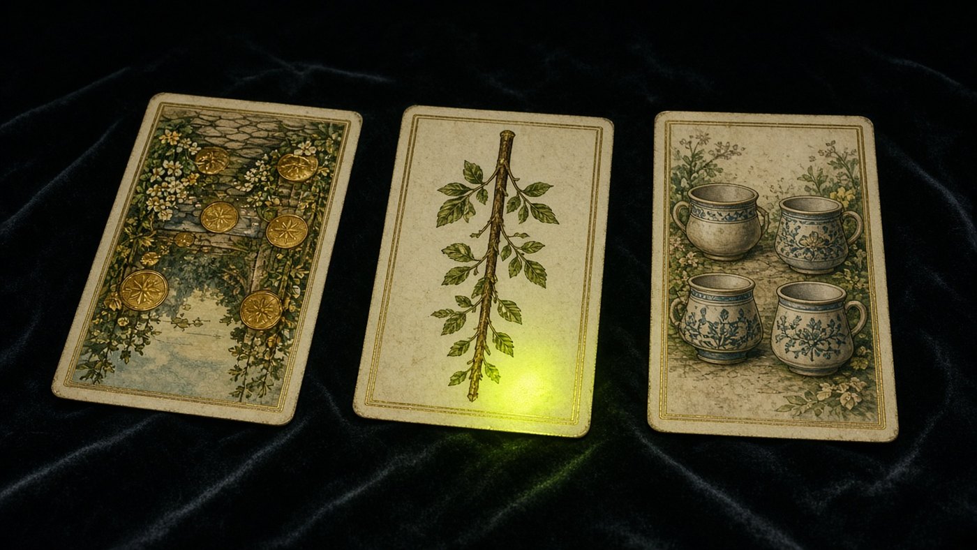 Koyu kadife örtü üzerinde üç Marsilya tarot kartı: Tılsım Dokuzlusu, Değnek Ası, Kupa Dörtlüsü