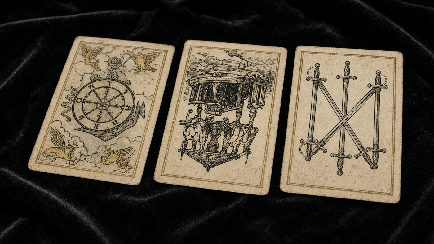 Koyu kadife örtü üzerinde üç Marsilya tarot kartı: Çarkıfelek, Savaş Arabası, Kılıç Beşlisi
